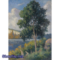 Tranh sơn dầu bên bờ sông nước chảy